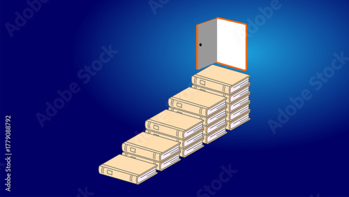 Books stacked as stairs leading to glowing door, symbolizing learning, growth, and opportunity. Ideal for education, success, and inspirational design themes.