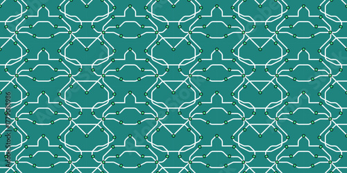 Geometric tech pattern with white lines and green white dots on teal, ideal for themes like science, systems, AI, networks, and digital design.