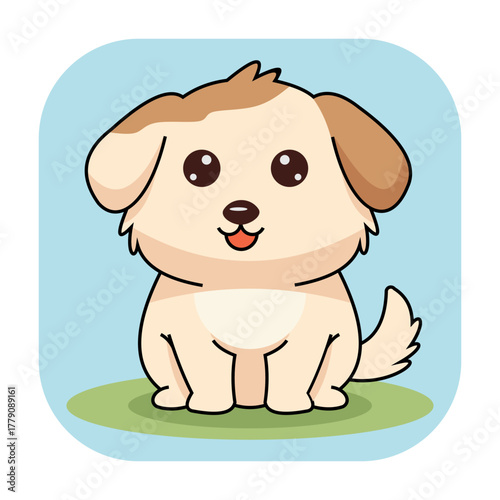 Adorable cream puppy with big eyes and pink tongue sitting on grass with blue background, perfect for kids content, pet themes, and playful design assets.