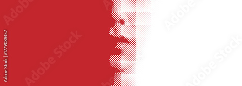 Abstract Close Up Red Face Using Gradient Halftone Circle Dots Texture. Halftone Portrait For Poster, Banner, Comics, Magazines And Advertisement With Copy Space For Text. Vector  Banner Illustration