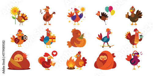 Collection of cute cartoon turkeys celebrating thanksgiving and autumn holidays with festive decorations