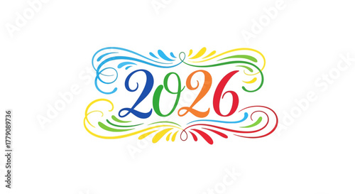Vibrant New Year 2026 Typography with Ornate Colorful Swirls and Decorative Flourishes, Joyful Celebration Design Element for Calendars and Greetings