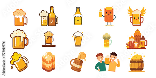 Collection of fun and playful cartoon beer illustrations with happy faces and various styles