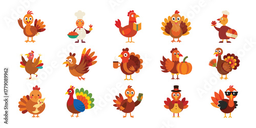 Collection of charming cartoon turkeys celebrating thanksgiving and autumn holidays with festive outfits and props