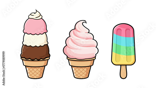 Three colorful frozen treats including scoop cone, soft serve swirl, and striped popsicle on white background, perfect for summer, dessert, and kids themes.