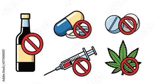 Vector icon set illustrating substance abuse and addiction, with prohibition signs over alcohol, drugs, and marijuana