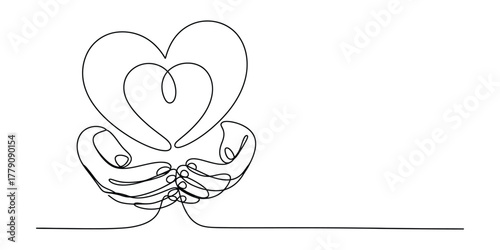 One line drawing of hands holding a heart, love and care concept