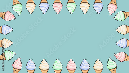 Colorful ice cream cones forming a decorative border on blue background, perfect for summer themes, dessert content, party invitations, and kids design.