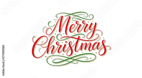 Elegant hand-drawn Merry Christmas lettering design, festive holiday greeting card element with intricate swirls and decorative typography
