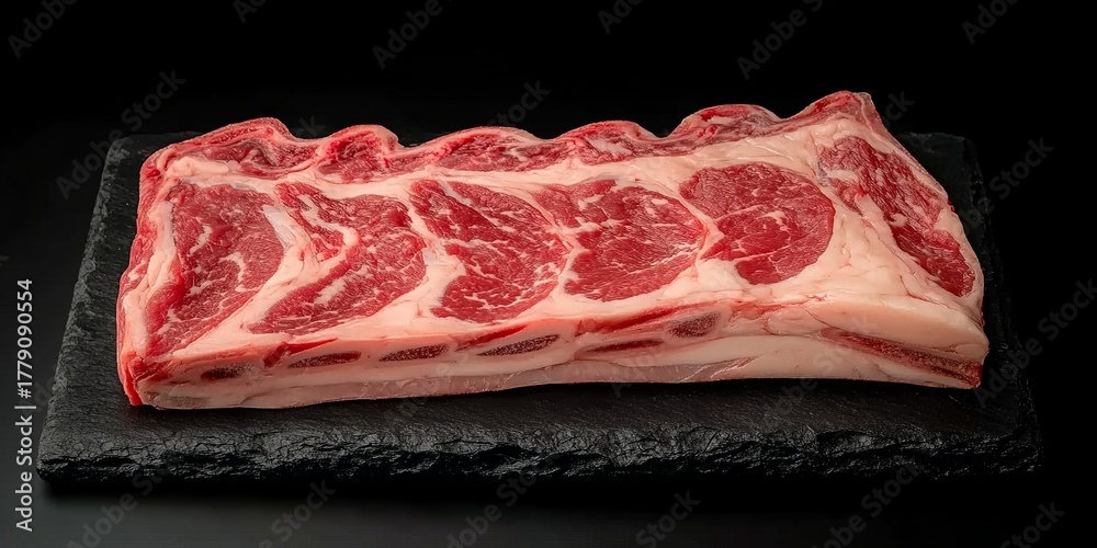 Fototapeta premium Premium Raw Angus Beef Ribeye Slices with Excellent Marbling, Perfect for Gourmet Restaurant Dishes