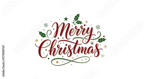 Festive Merry Christmas lettering with holly and snowflakes, a beautiful holiday greeting