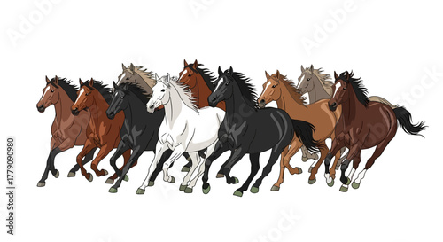Vibrant Vector Illustration of a Diverse Herd of Majestic Wild Horses Galloping Freely Across an Open Landscape