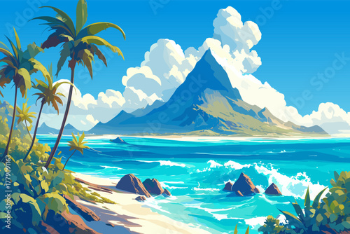 Cartoon tropical island in the middle of the ocean with a volcano, vector illustration