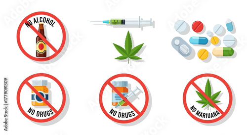 Illustrations of forbidden substances and drugs, representing the concept of prevention