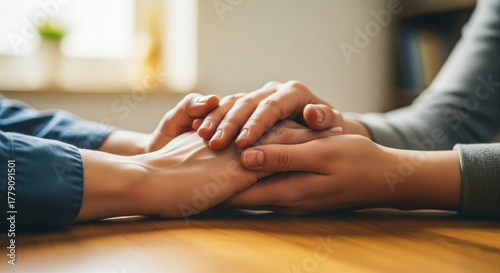 Close up comforting hands holding trembling hand offering support empathy trauma counseling mental health care compassion copy space