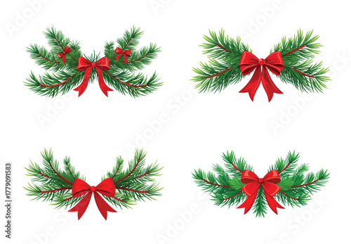 Collection of festive Christmas greenery and red ribbon bows vector illustrations
