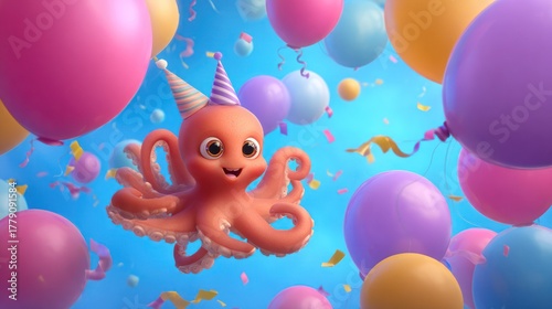 Smiling orange octopus with party hat surrounded by colorful balloons and confetti
