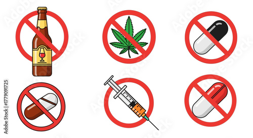 Signs and symbols illustrating the prohibition of drugs and alcohol and their detrimental effects