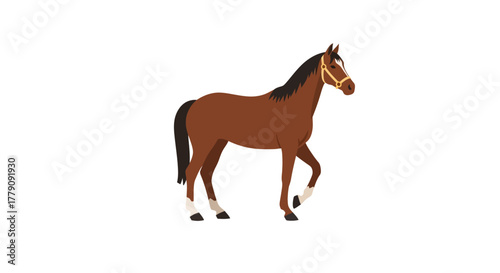 Elegant brown horse with a dark mane and bridle walking gracefully. Side view of an isolated equine animal vector illustration