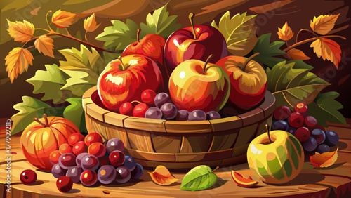 Very beautiful close-up of apples and grapes in wooden bowl, realistic autumn harvest still life with warm tones.