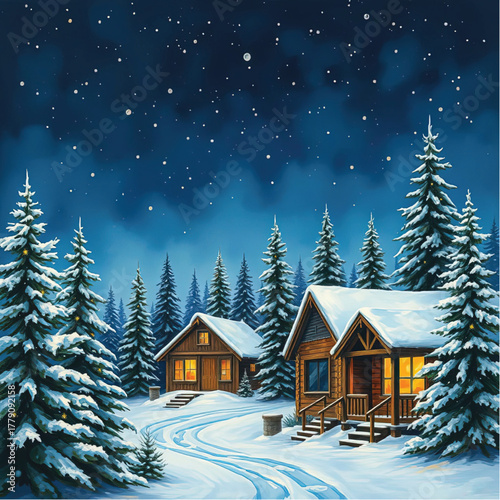 Snowy, calm, winter landscape with twinkling stars, pine trees, and cozy wooden cabins softly illuminated under a deep blue night sky