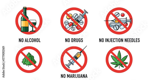 Dangers of Substance Abuse Visual Prohibition Signs on Drugs, Alcohol and Injection Needles