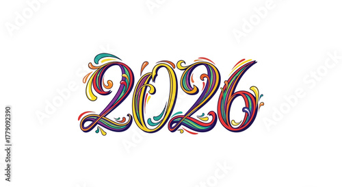 A Vibrant and Artistic Rendition of the Year 2026 in Multi-Colored, Flowing Typography