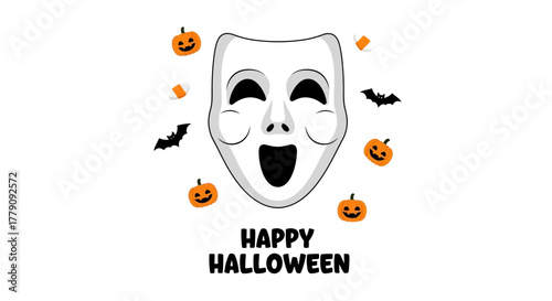 Happy Halloween white mask with pumpkins and bats, a festive and spooky celebration