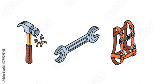 Isometric tools and safety equipment hammer, wrench, and harness