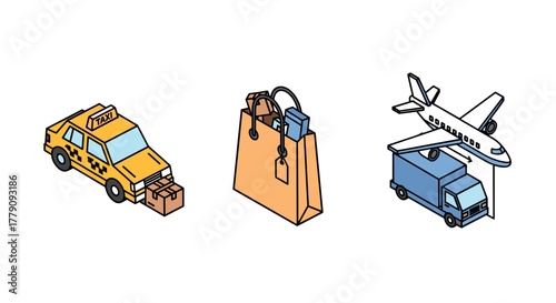Isometric transportation and delivery icons taxi, shopping, airplane