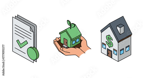 Sustainable home financing icons ecofriendly mortgage, renewable energy, investment