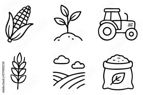 Agro icon set, hand drawn, doodle style. Vector stock illustration