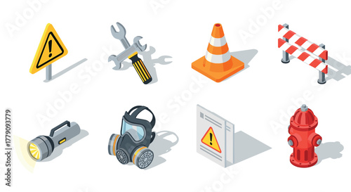 Isometric safety equipment and tools icons for construction and emergency situations