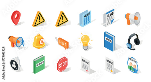 Isometric icons for communication and safety news, alerts, instructions, and signs