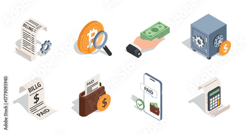 Isometric financial icons featuring bitcoin, payments, and security elements