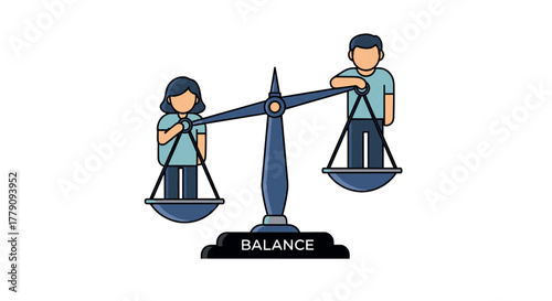 Gender equality concept with cartoon characters balancing scales