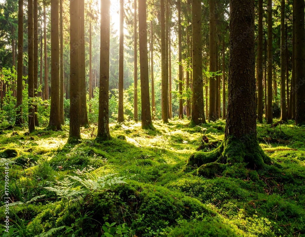 Obraz premium Sunlight streams through a lush forest floor covered in moss