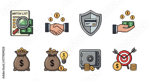 Pixel art finance icons featuring money, security, and investment themes