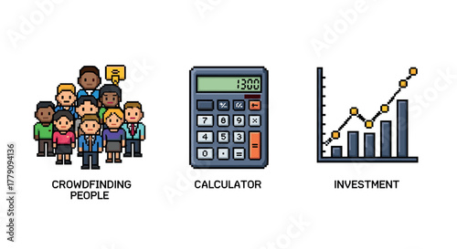 Pixel art finance crowd funding, calculator, and investment growth chart