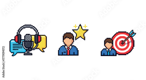 Colorful pixel art icons representing podcasting, achievement, and targeting