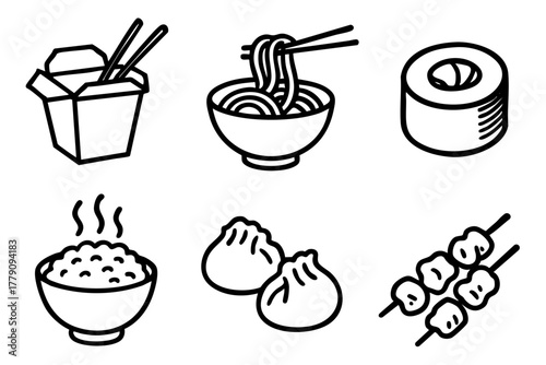 Asian food icon set, hand drawn, doodle style. Vector stock illustration