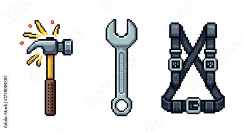 Pixel art tools hammer, wrench, and safety harness with retro game aesthetic