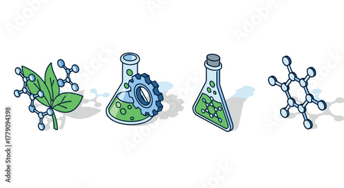 Isometric science icons molecules, laboratory glassware, and leaves