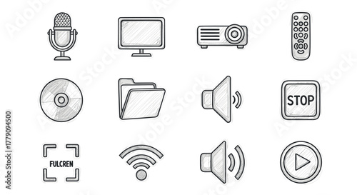 Hand drawn media and technology icons set for digital interfaces