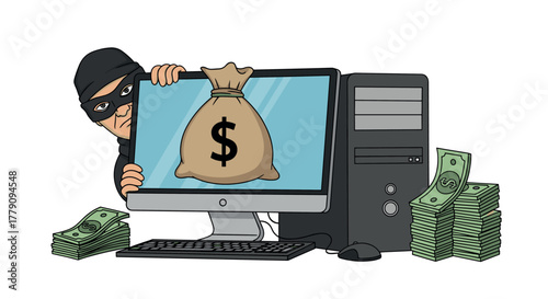 Thief in mask taking money from computer screen with cash around