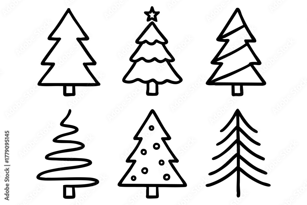 Obraz premium Christmas tree icon set doodle style. Vector stock illustration