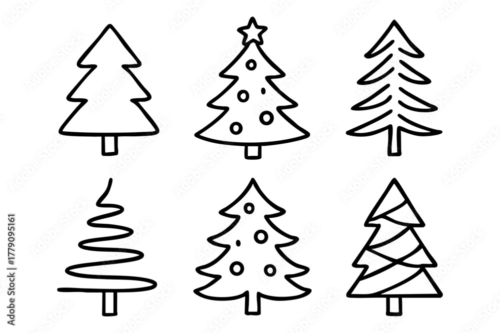 Obraz premium Christmas tree icon set doodle style. Vector stock illustration