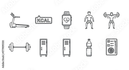 Fitness and healthy lifestyle icons gym equipment, nutrition, and wellness symbols
