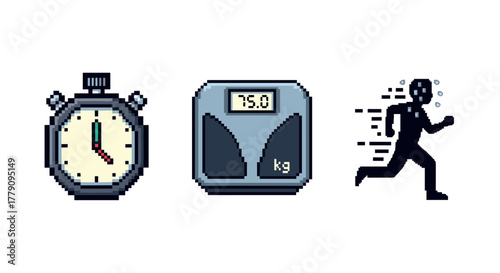 Pixel art fitness stopwatch, scale, and runner icons for health goals
