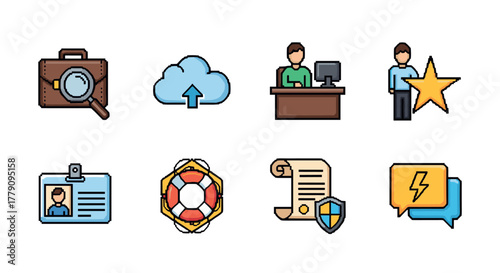Colorful pixel art icons for office and online concepts
